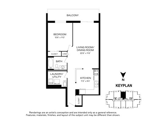 Floor plan for 1 bed, 1 bath, 793 sqft